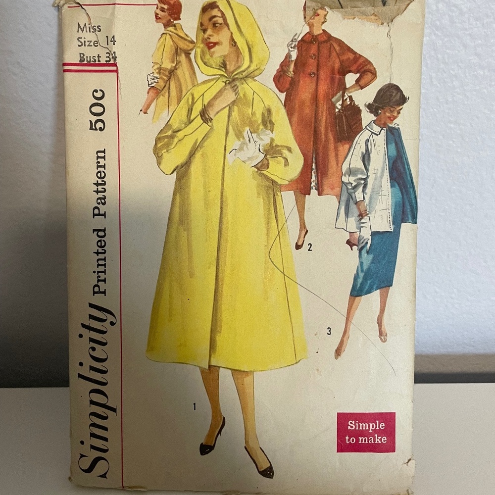Vintage Simplicity 1928 Sewing Pattern Hooded Coat 1950s
